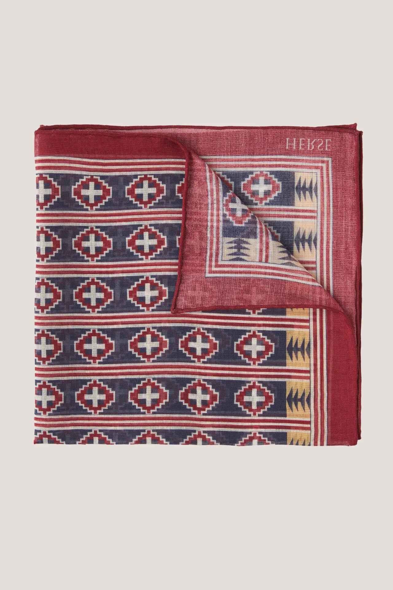 Pochette de costume bleu marine et bordeaux à motif ethnique horizontal