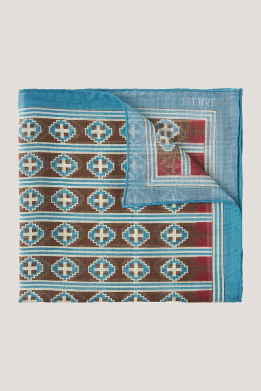 Brown-blue pocket square with a horizontal ethnic pattern