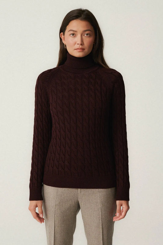 Dark burgundy cable knit wool turtleneck