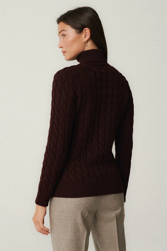 Dark burgundy cable knit wool turtleneck
