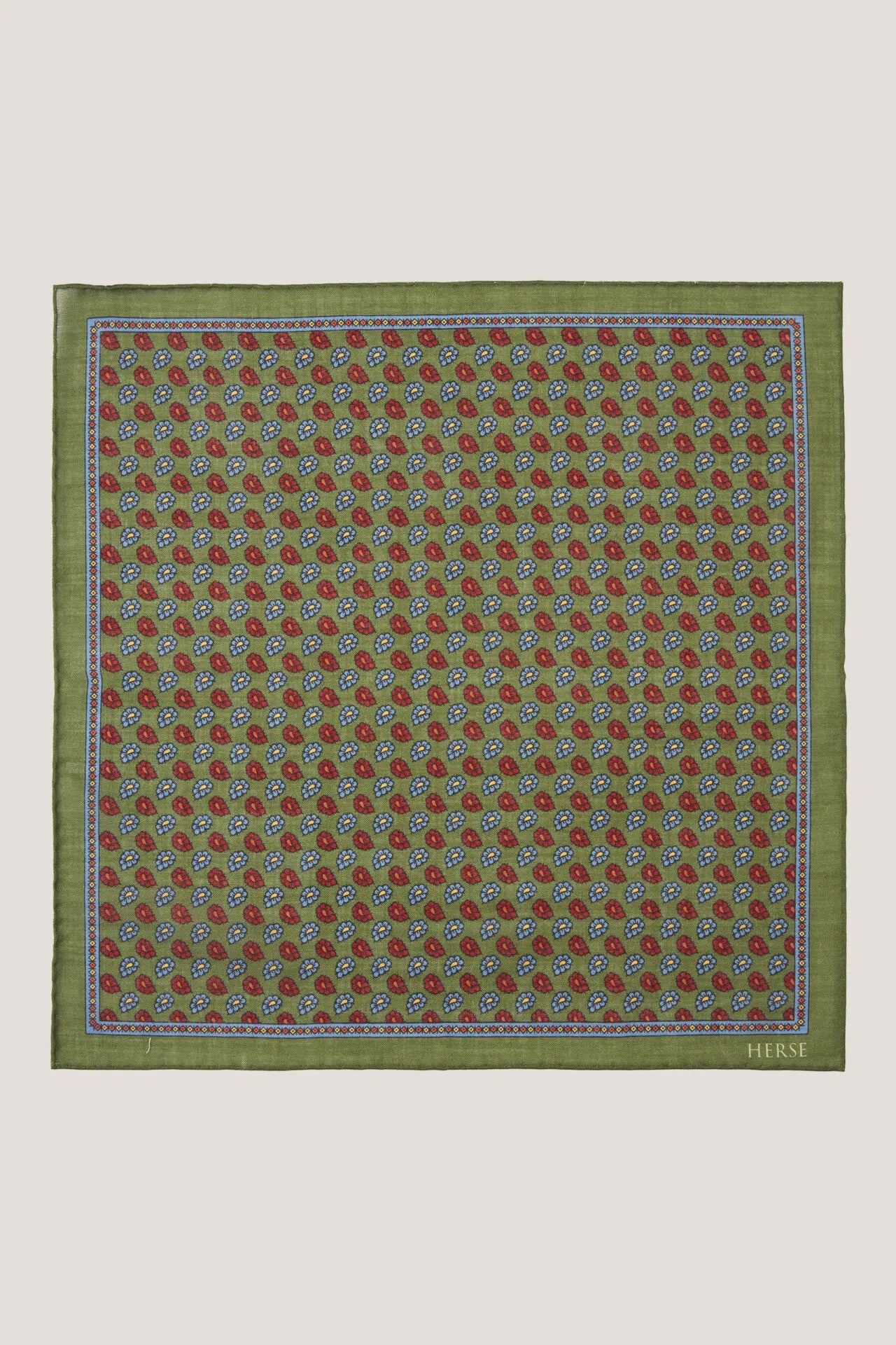 Olive pocket square with a small paisley pattern