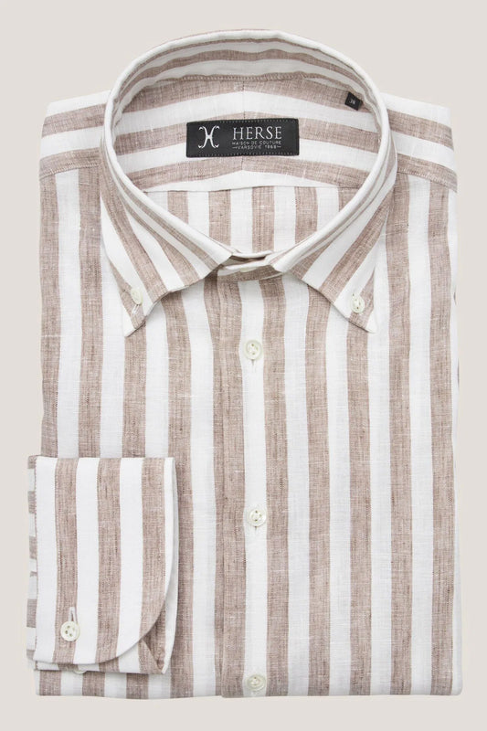 Brązowa lniana koszula w prążek button down
