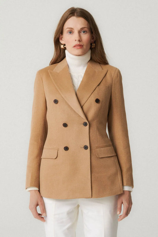 Camel double-breasted jacket, fabric by Loro Piana
