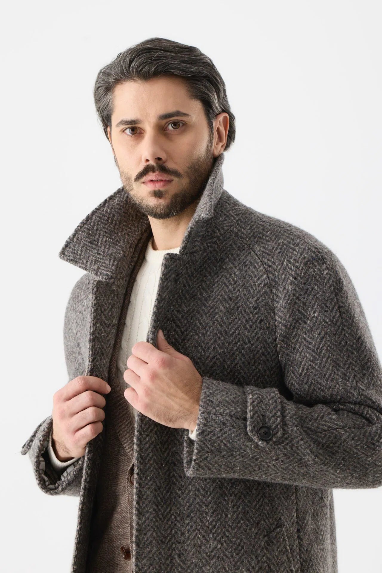 Manteau raglan en tweed gris du Donegal