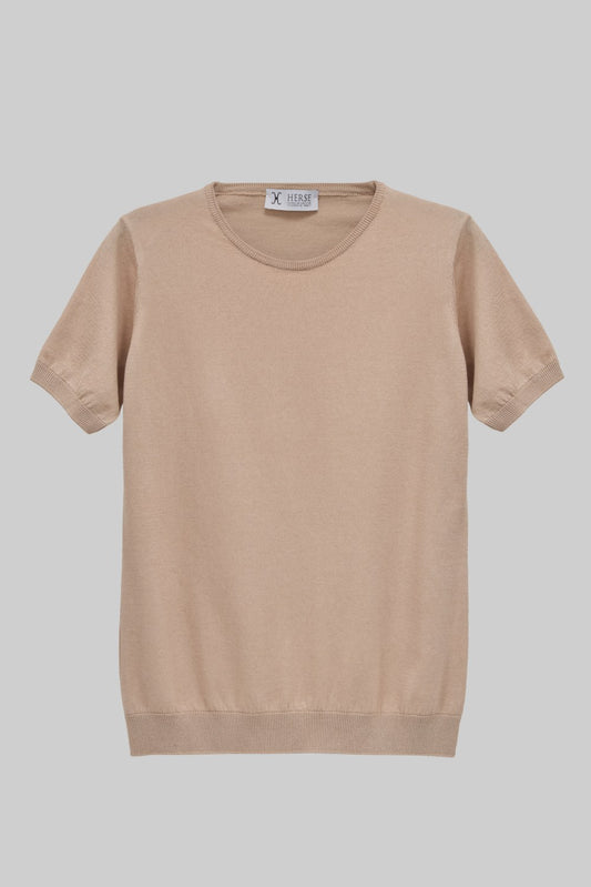 Damska beżowa dzianinowa koszulka crew neck