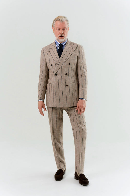 Costume croisé beige en tissu Ferla à motif à fines rayures