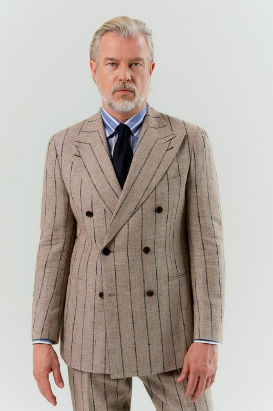 Costume croisé beige en tissu Ferla à motif à fines rayures