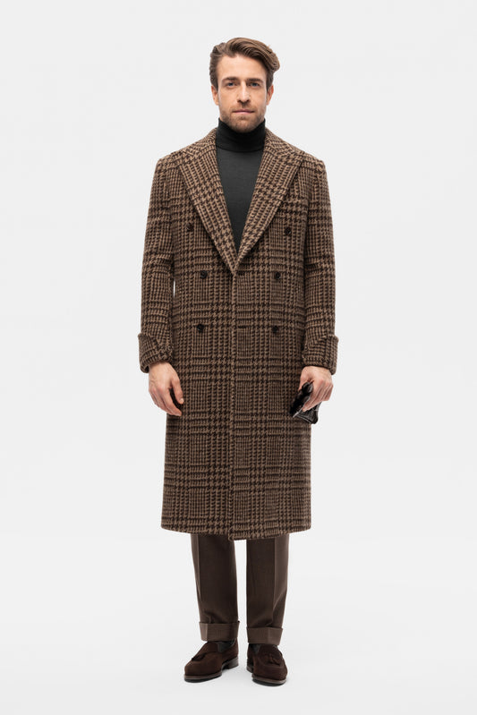 Brown PoW check double-breasted overcoat
