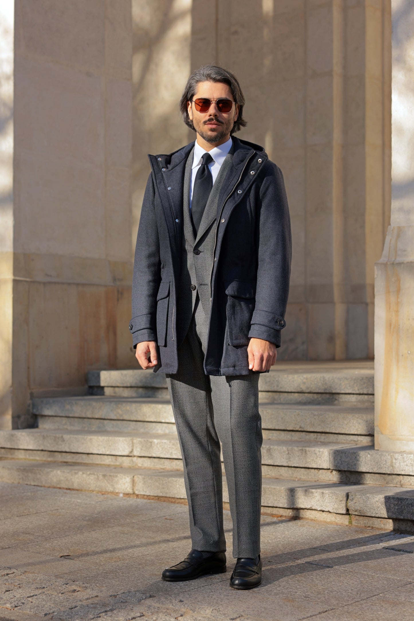 Navy blue padded flannel jacket