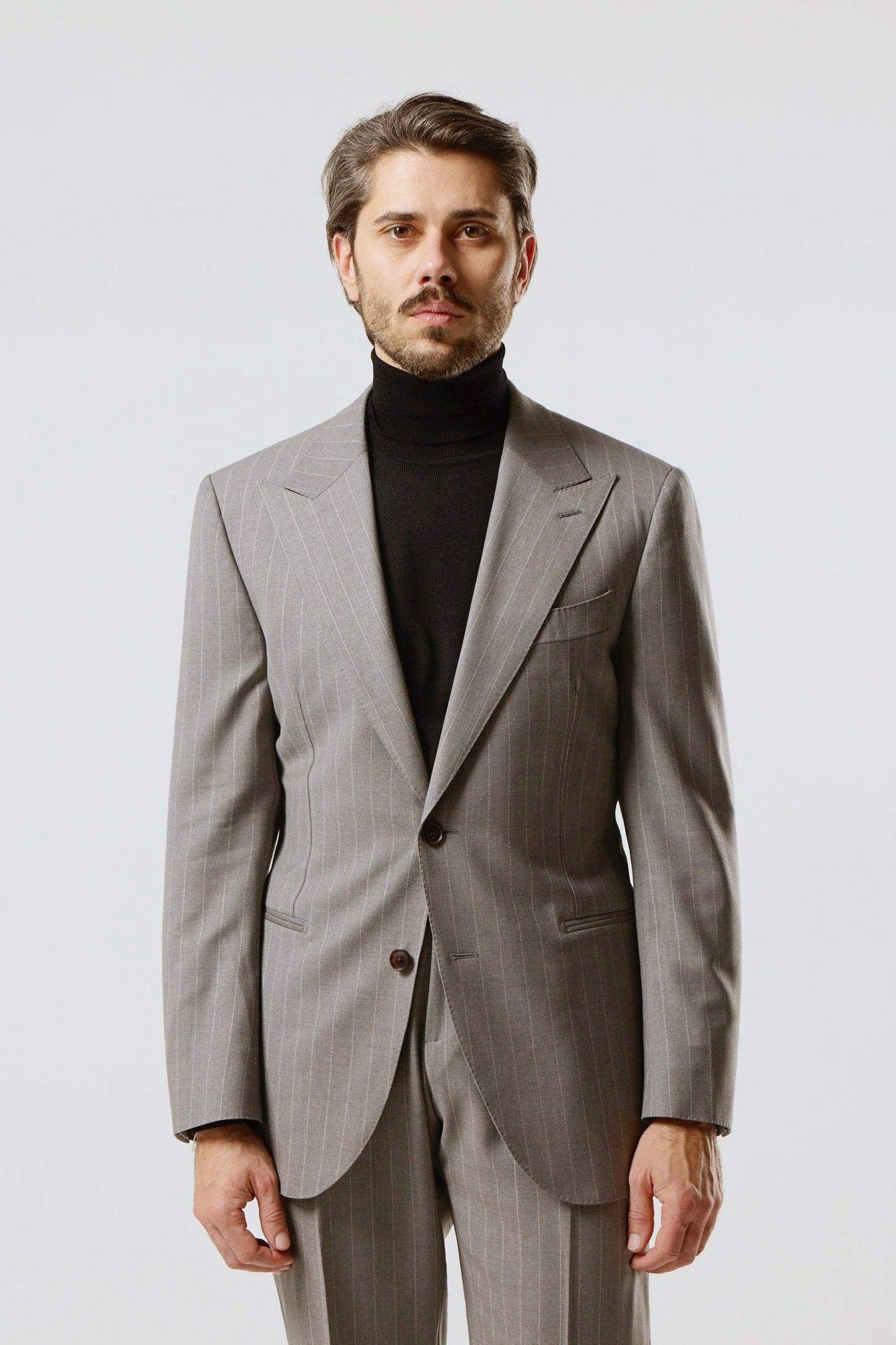 Light gray pinstripe suit in Loro Piana fabric