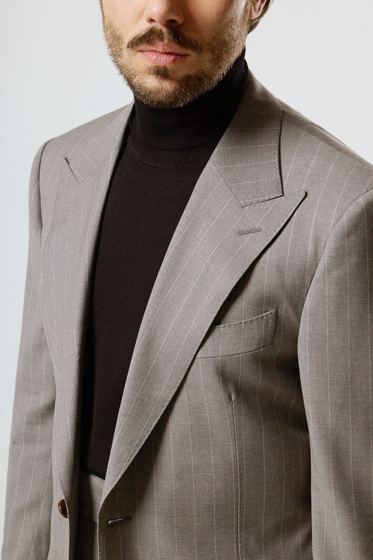 Light gray pinstripe suit in Loro Piana fabric