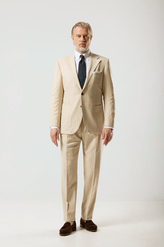 Light beige striped suit, fabric by Loro Piana