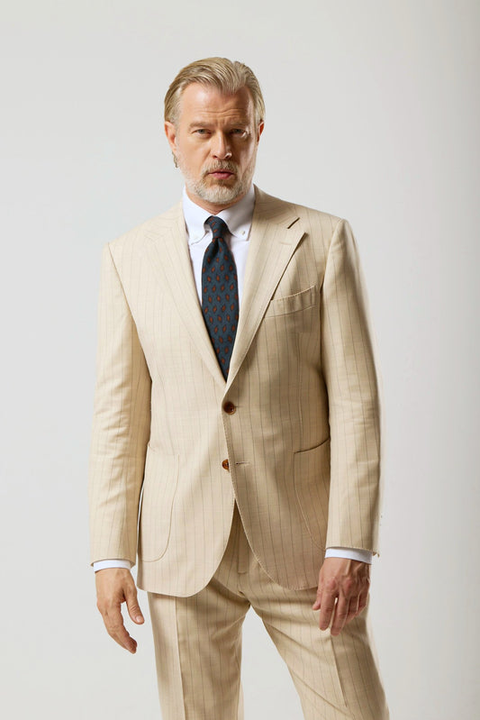 Light beige striped suit, fabric by Loro Piana