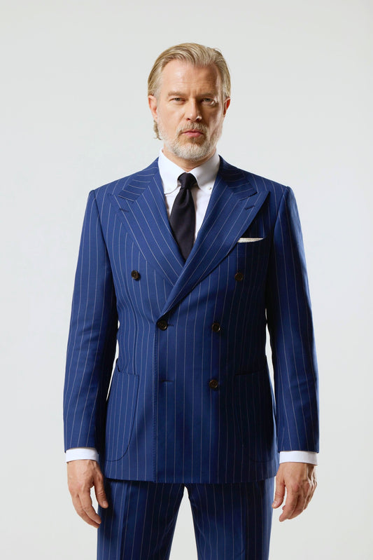 Cobalt blue double-breasted striped suit, fabric by Loro Piana