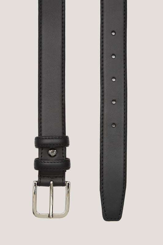 Black formal belt with silver buckle