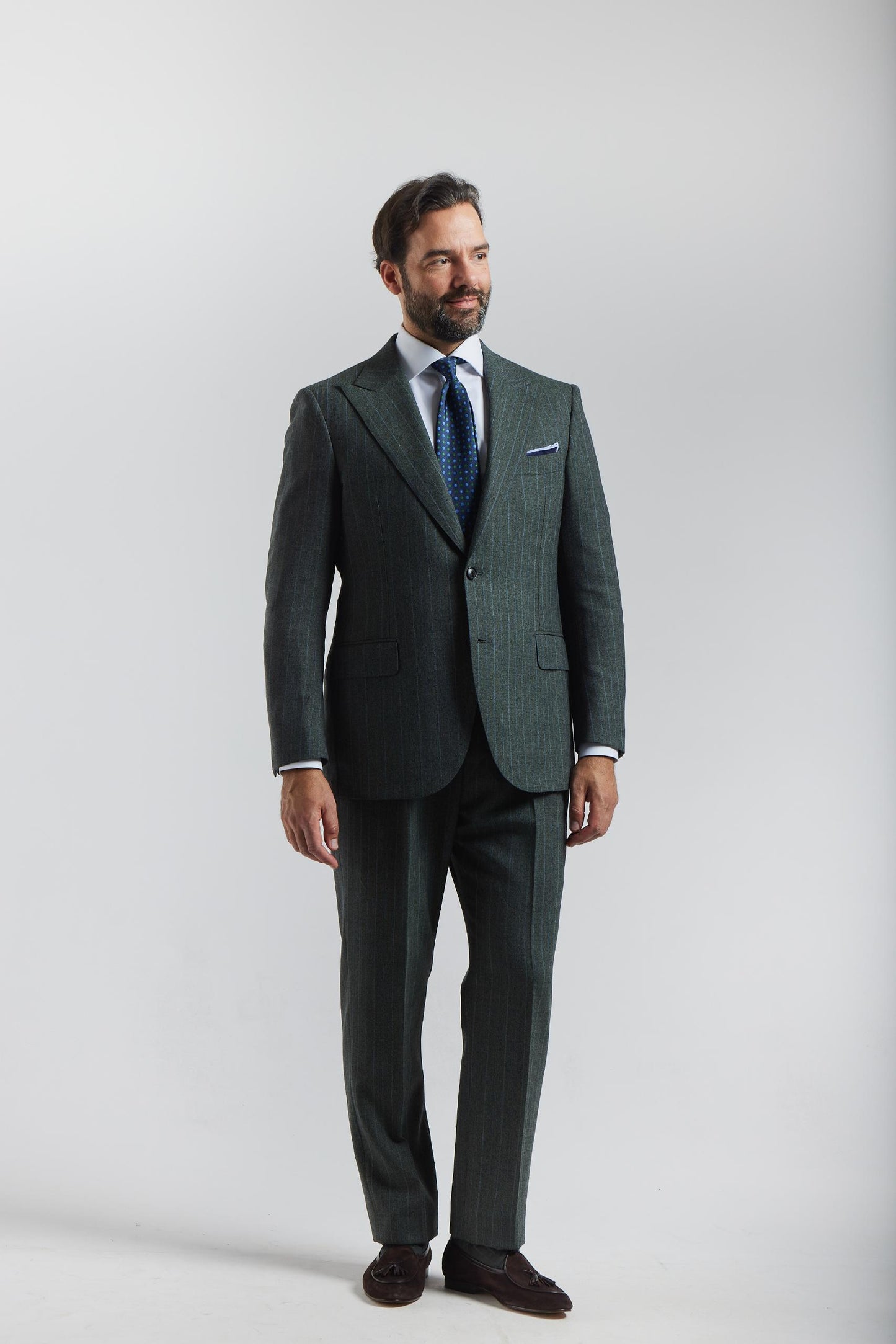London Shrunk Gray and Green Pinstripe Suit