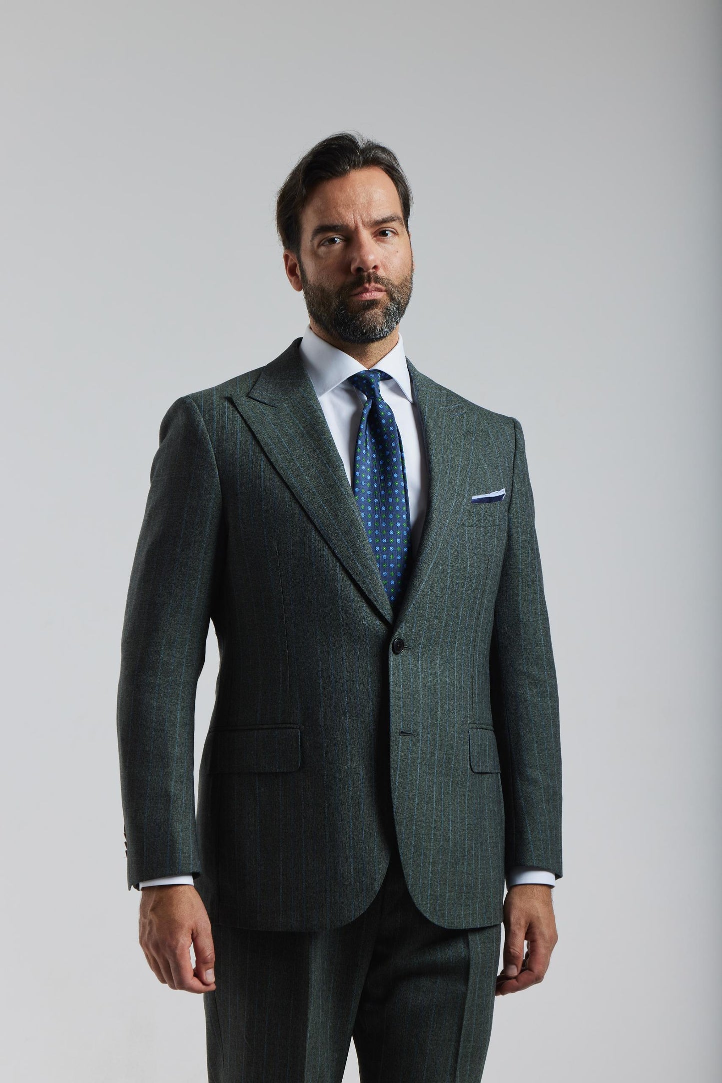 London Shrunk Gray and Green Pinstripe Suit