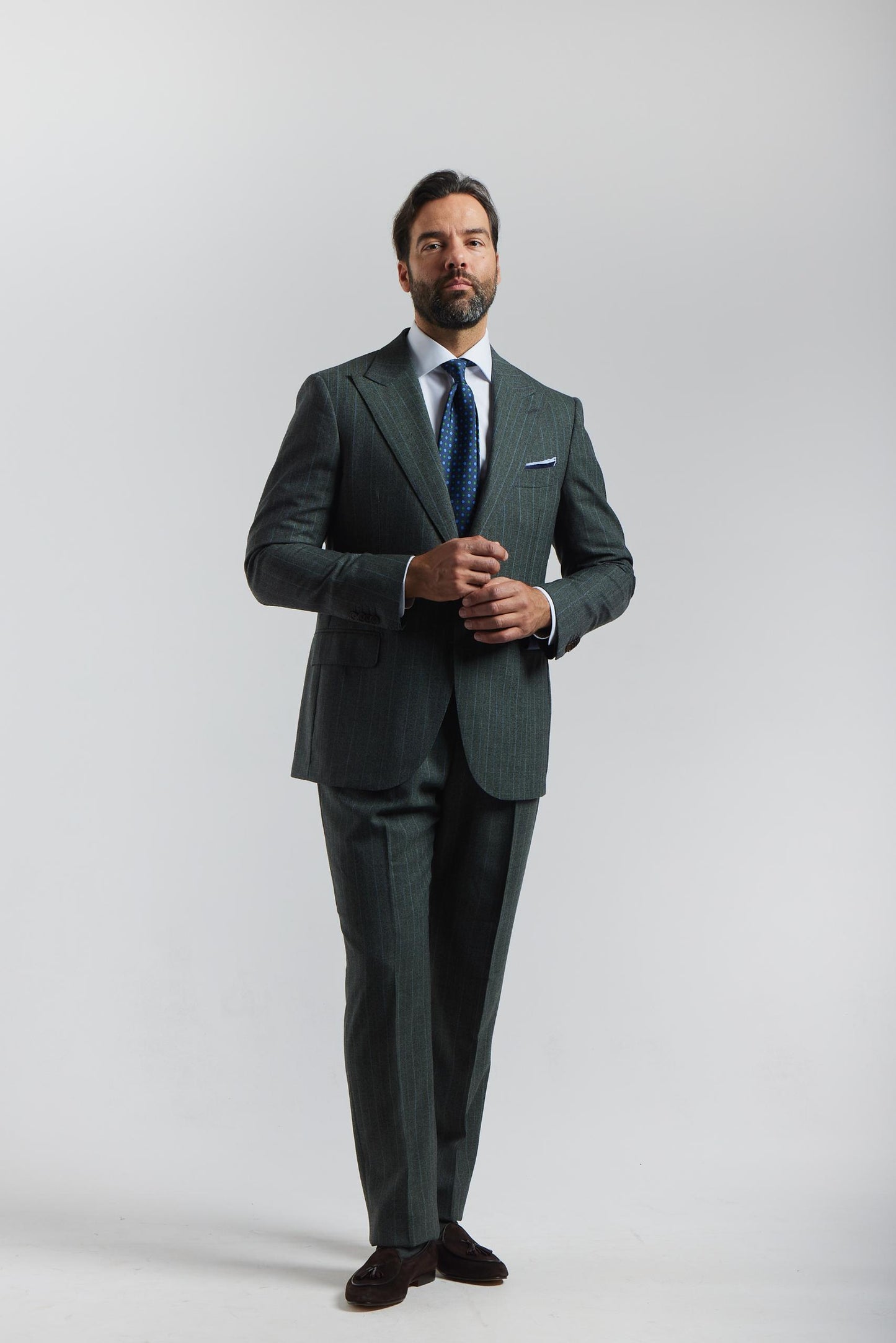 London Shrunk Gray and Green Pinstripe Suit