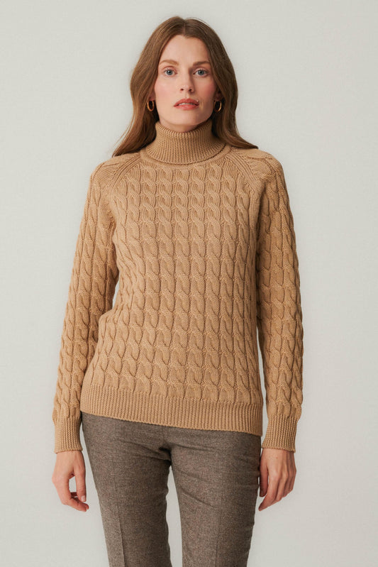 Beige wool cable knit turtleneck