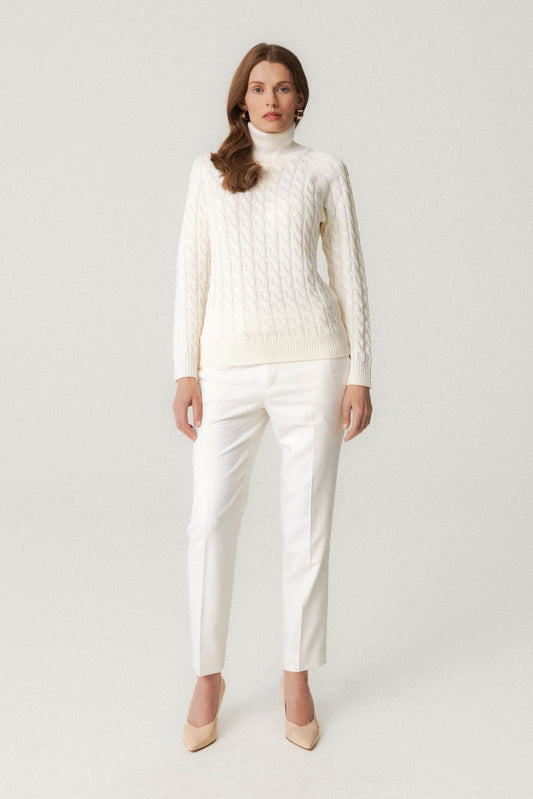White cable knit wool turtleneck