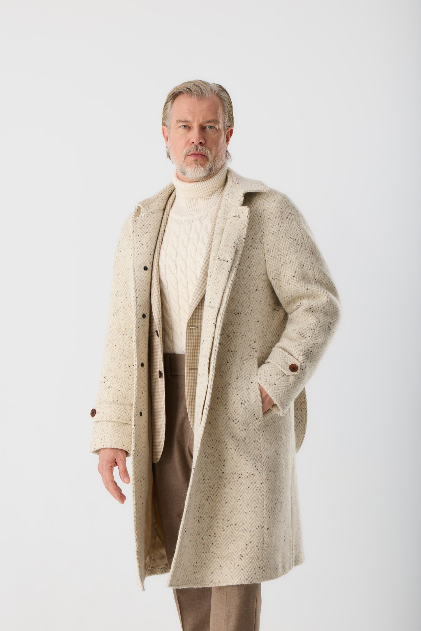 Manteau raglan en tweed Donegal beige clair