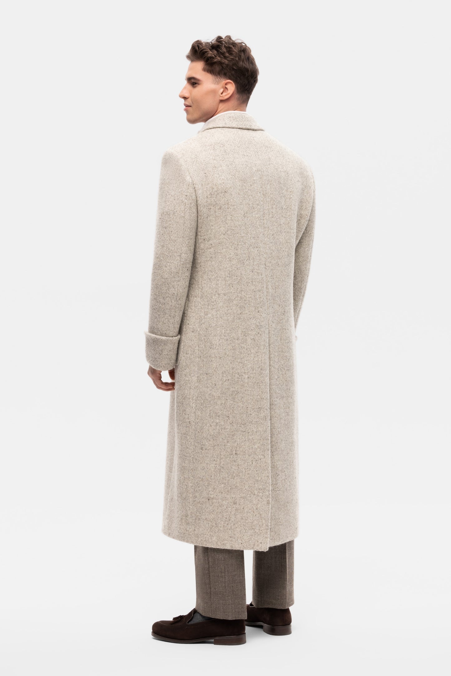 Beige and grey oversized double-breasted overcoat