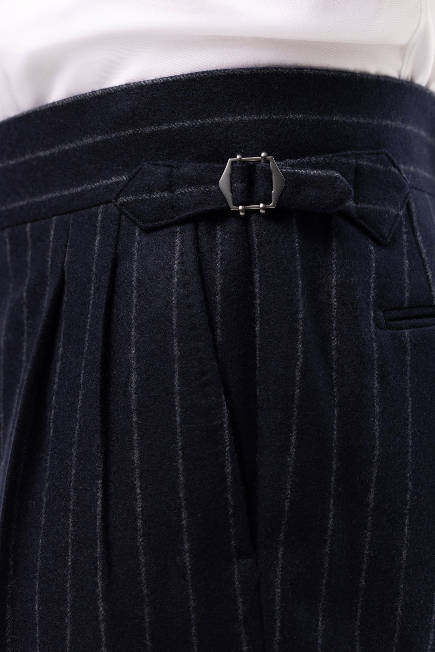 Navy double-breasted pinstripe flannel suit