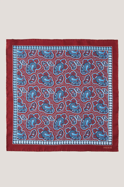 Burgundy pocket square with a diverse paisley pattern