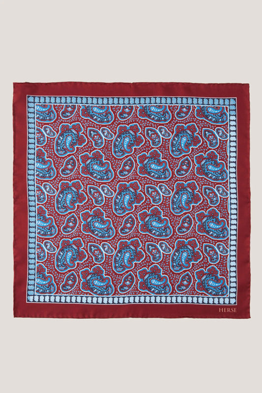 Burgundy pocket square with a diverse paisley pattern
