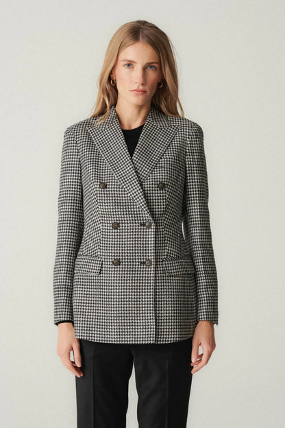 Black and white double-breasted jacket with houndstooth pattern