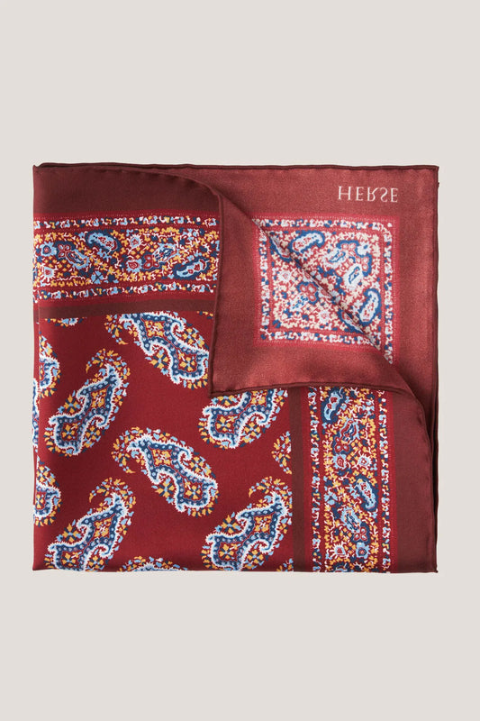 Silk pocket square with a regular paisley pattern