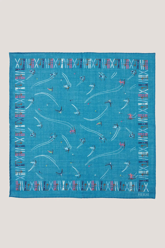 Wool and silk pocket square with a ski pattern