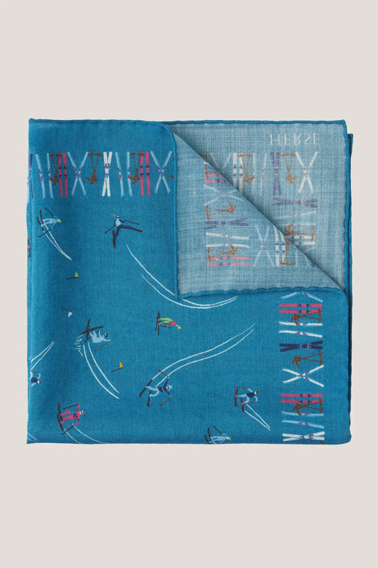 Wool and silk pocket square with a ski pattern