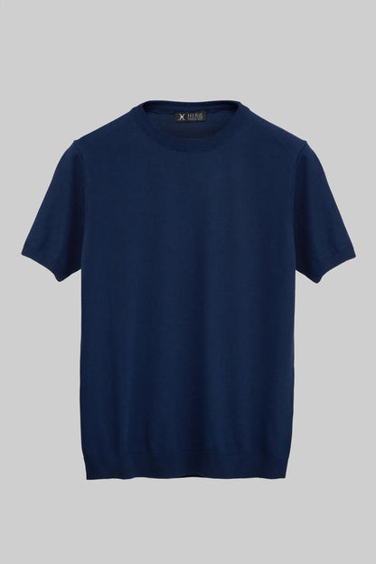 T-shirt en tricot à col rond bleu marine