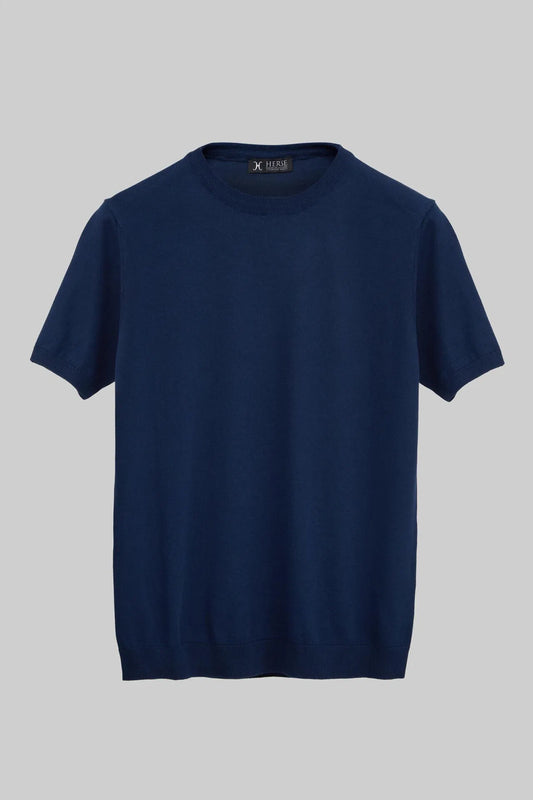 T-shirt en tricot à col rond bleu marine
