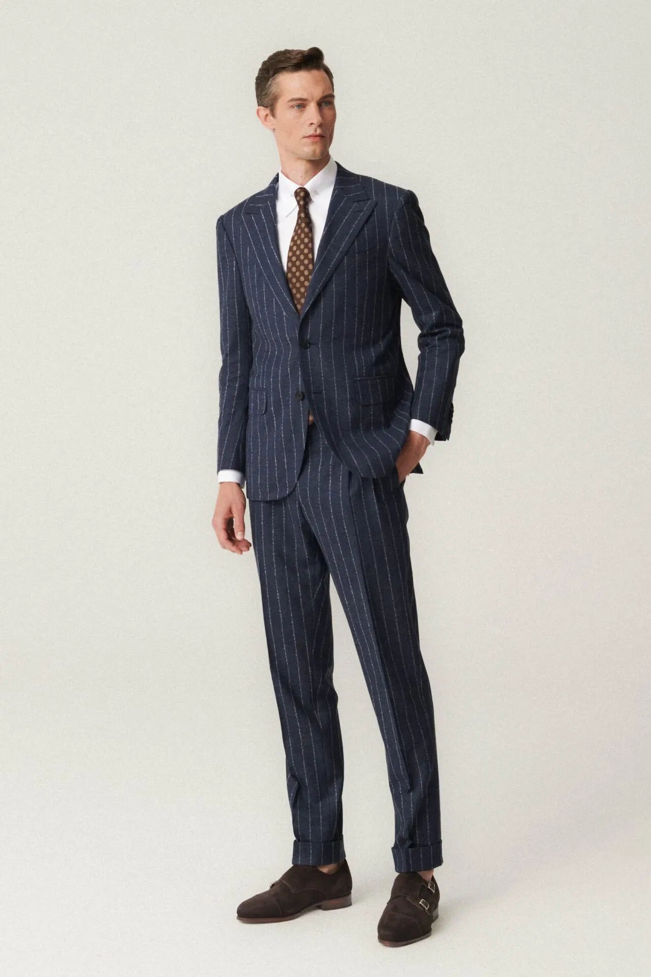 Navy blue flannel pinstripe suit