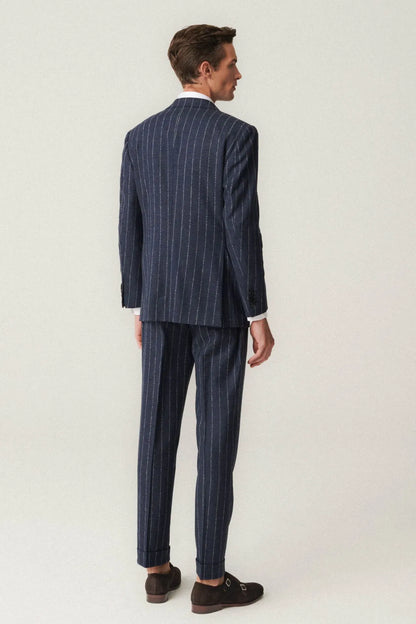 Navy blue flannel pinstripe suit