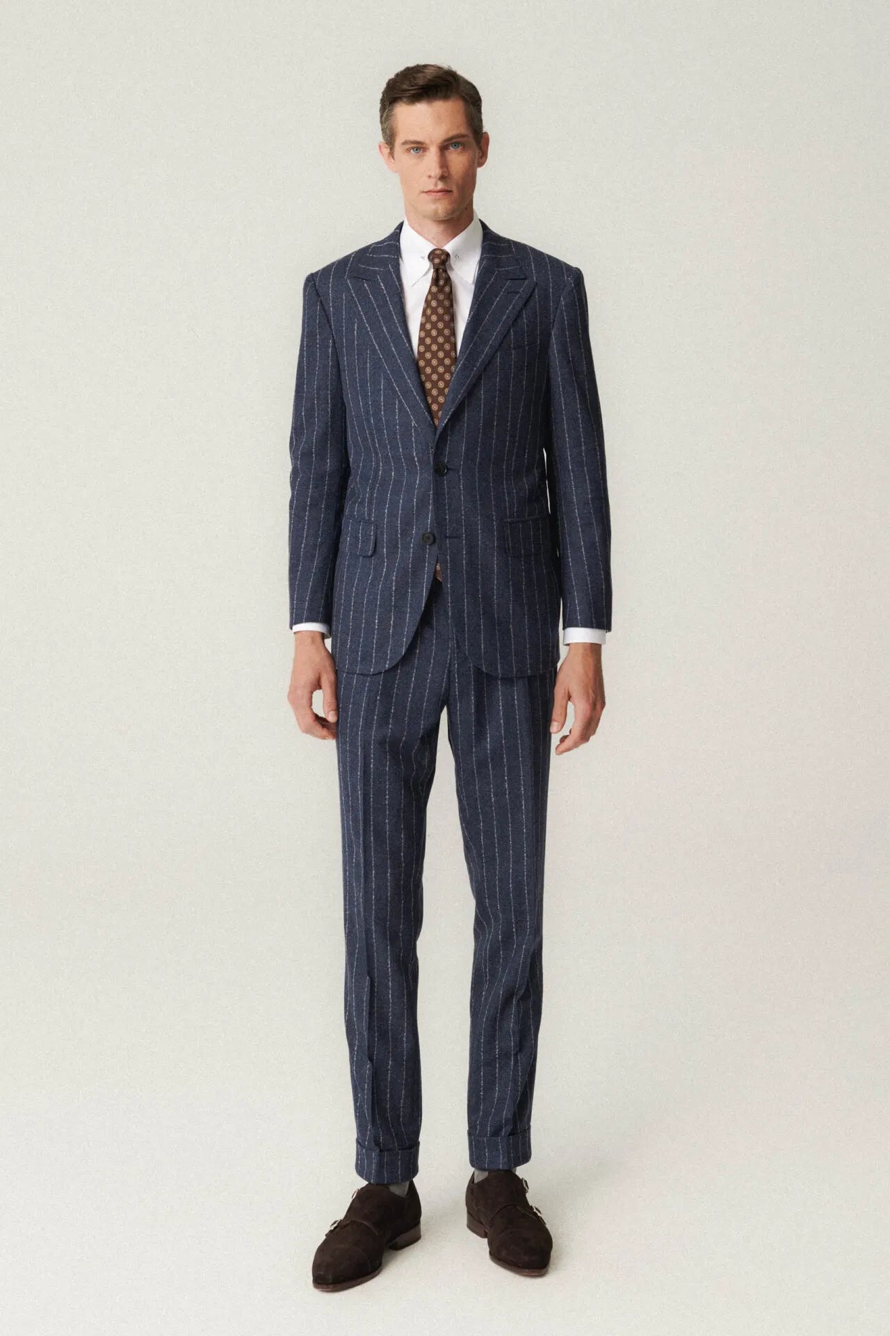 Navy blue flannel pinstripe suit