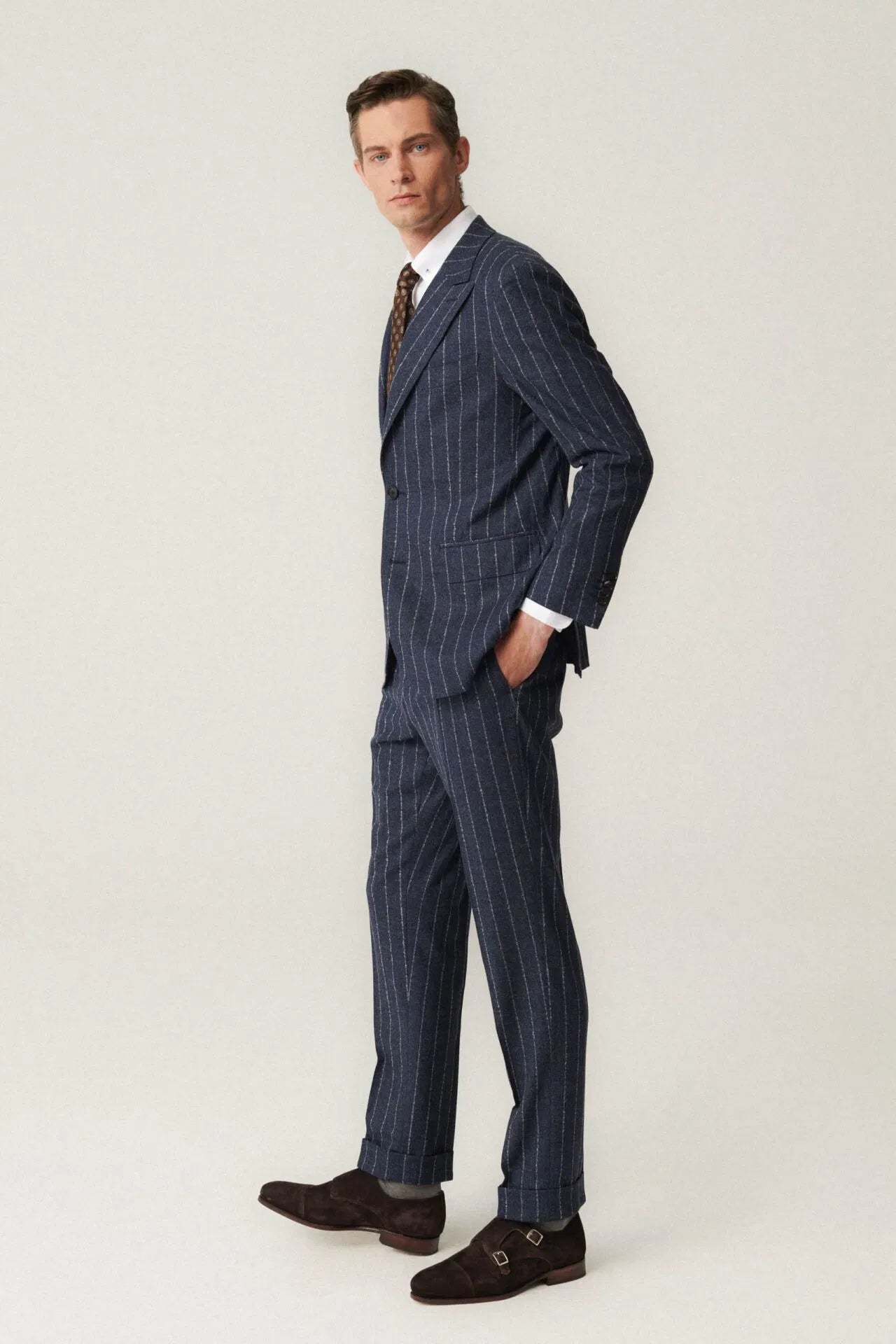 Navy blue flannel pinstripe suit