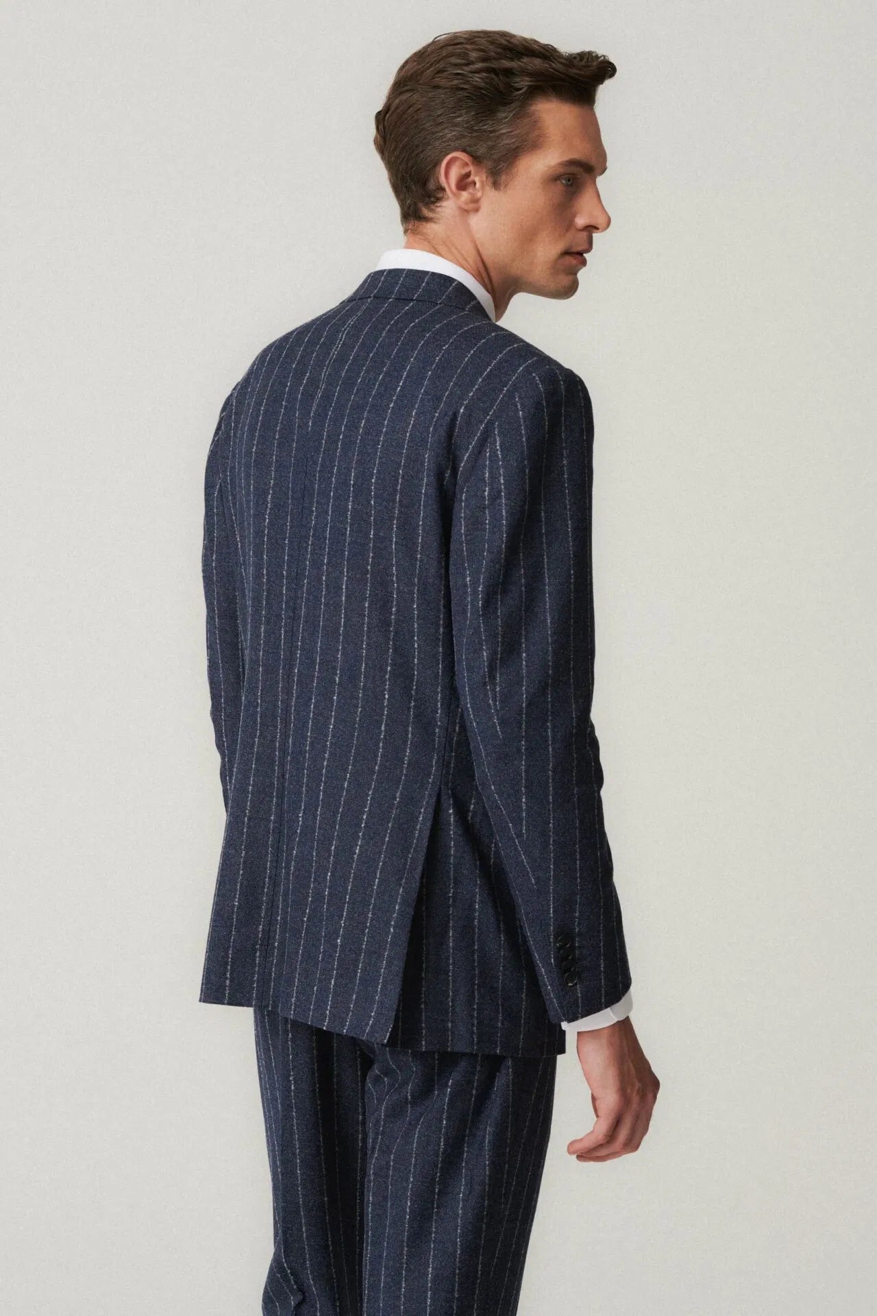 Navy blue flannel pinstripe suit