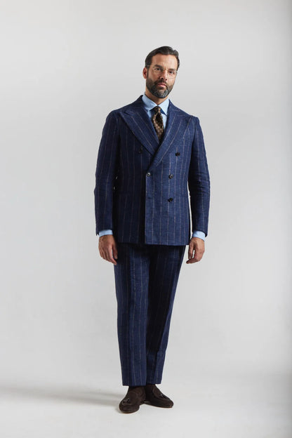 Navy blue double-breasted suit in Ferla fabric with a pinstripe pattern