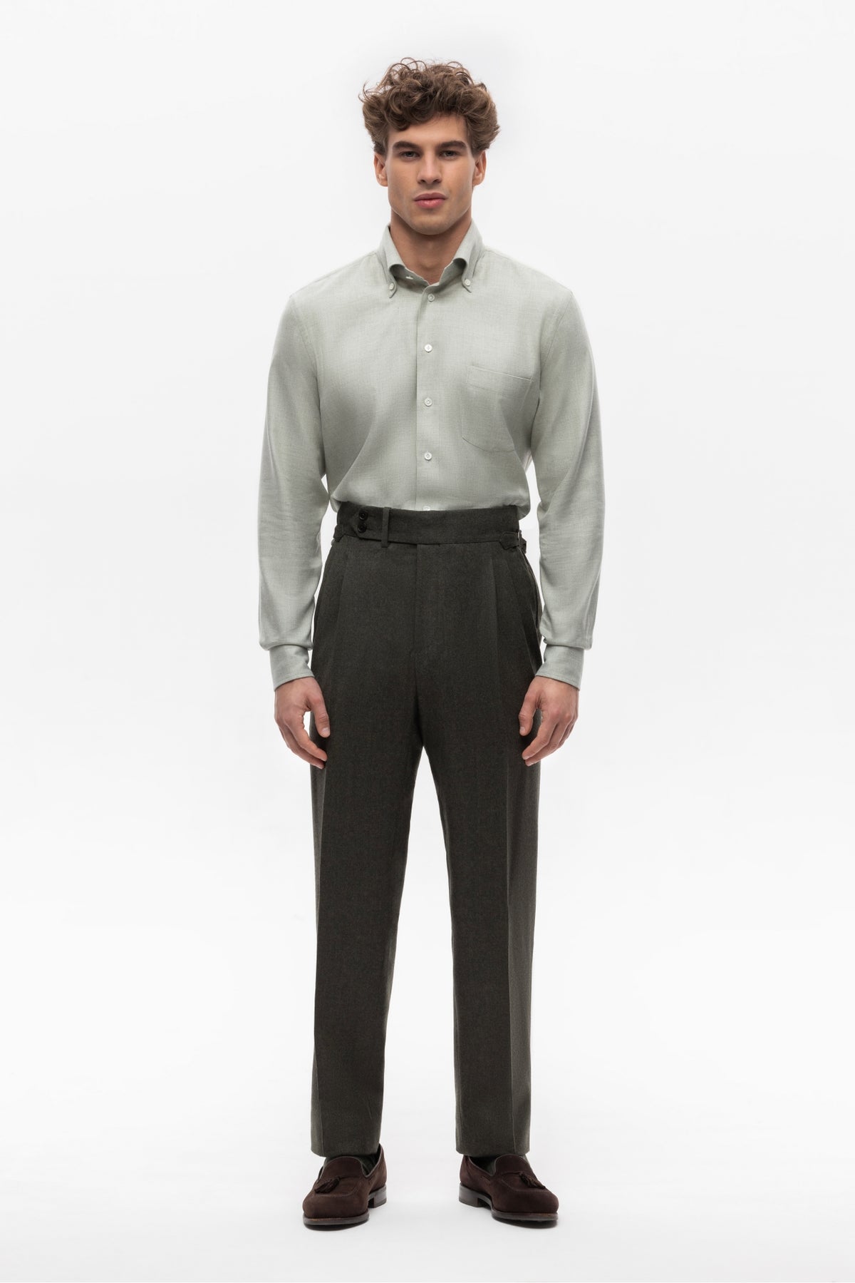 Zielony dwurzędowy garnitur z flaneli Reda