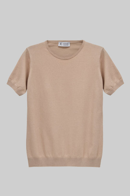 Damska beżowa dzianinowa koszulka crew neck