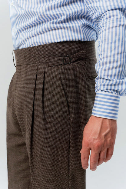 Beżowo-brązowe spodnie wełniane 4-ply w pepitę