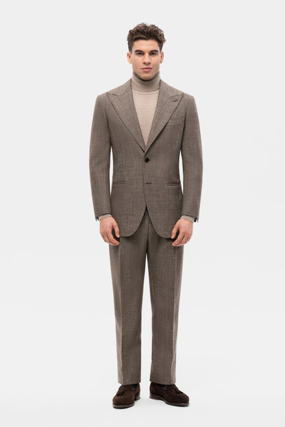 Beżowo-brązowy garnitur jednorzędowy z niebarwionej wełny