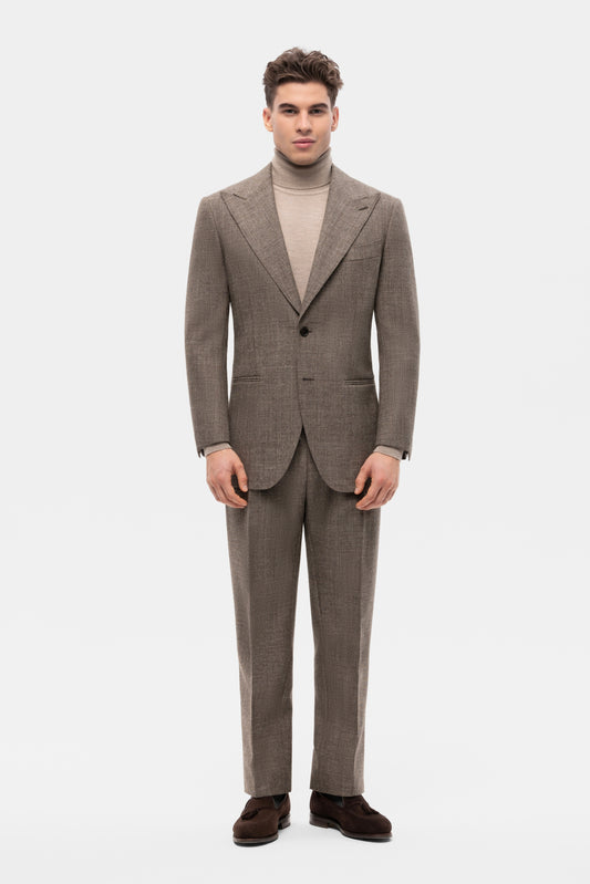 Beżowo-brązowy garnitur jednorzędowy z niebarwionej wełny
