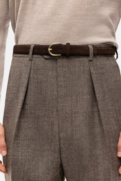 Beżowo-brązowy garnitur jednorzędowy z niebarwionej wełny