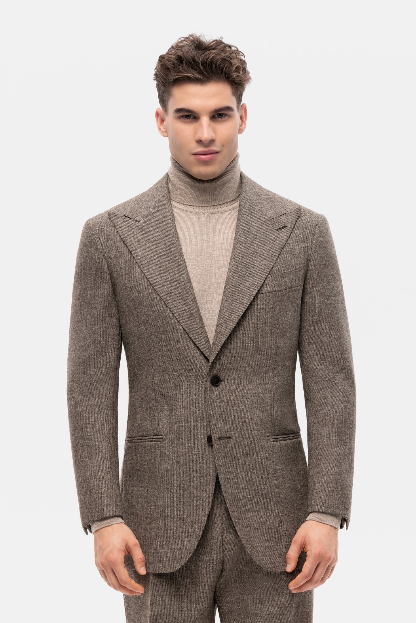 Beżowo-brązowy garnitur jednorzędowy z niebarwionej wełny