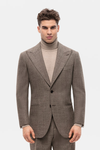 Beżowo-brązowy garnitur jednorzędowy z niebarwionej wełny