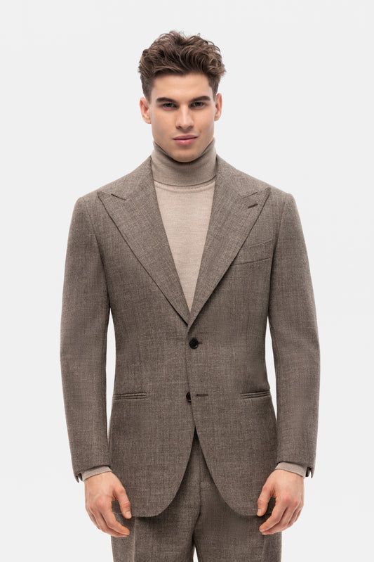 Beżowo-brązowy garnitur jednorzędowy z niebarwionej wełny